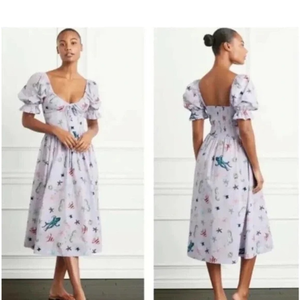Hill House Home Ophelia Sea Creature Lavender Puff-Sleeve Midi Dress Size Med